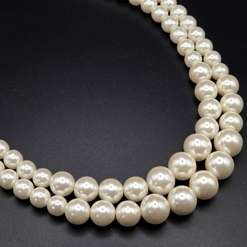 Vintage Double Strand Faux Pearl Necklace Graduated 8-10mm Gold Tone Box Clasp
